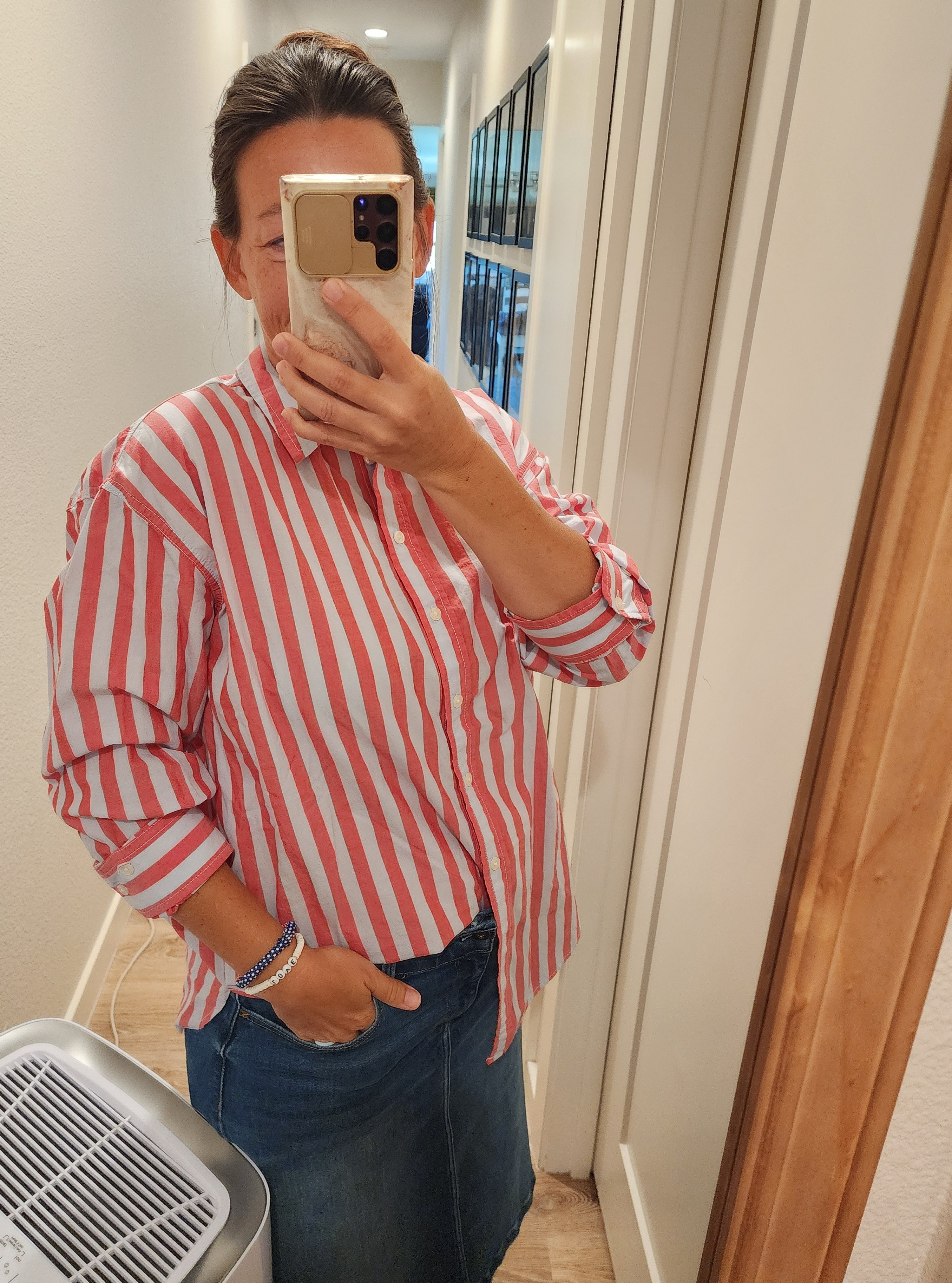 This cotton button up is so good! I absolutely love hoe the sleeves button to stay up! I think every shirt needs them! 🙌🏼#target cotton shirt top button down Universal thread a new day casual modest fashion denim Jean skirt skirts stripe striped 

#LTKSaleAlert #LTKStyleTip #LTKU