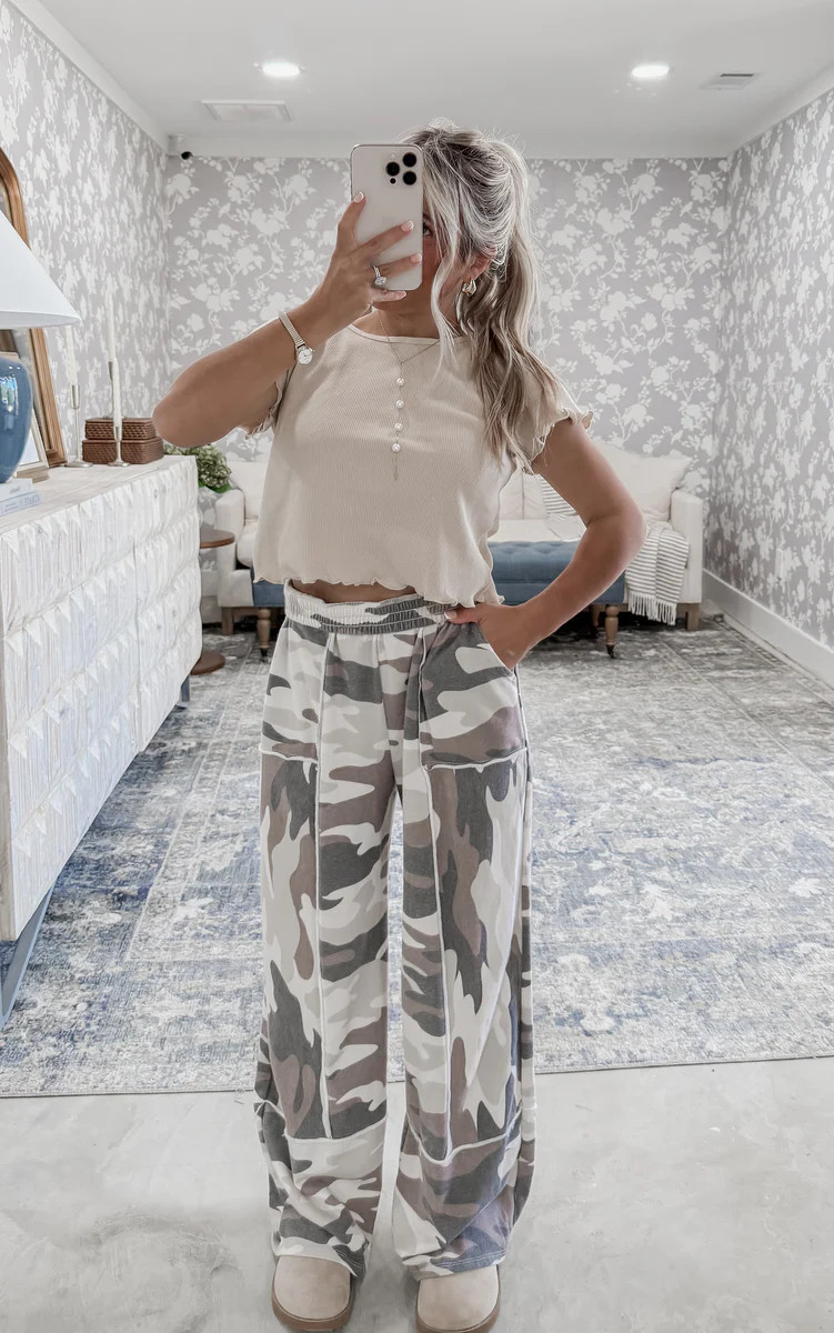 By The Fire Washed Camo Terry Wideleg Pants | CK Squared Boutique
