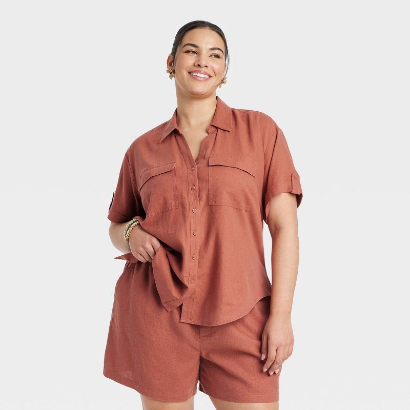 Women's Short Sleeve Linen Front Button-Down Shirt - Ava & Viv™ Brown 1X | Target
