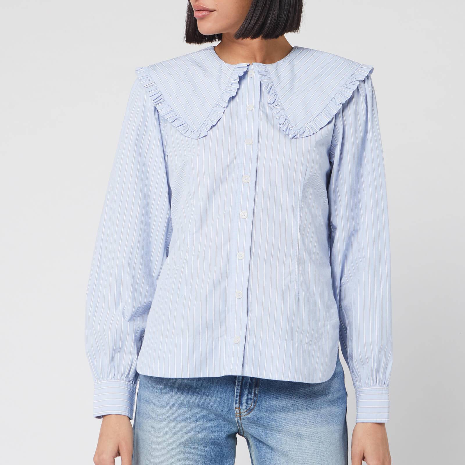 Ganni Women's Stripe Cotton Peter Pan Collar Blouse - Brunnera Blue | Coggles | Coggles (Global)