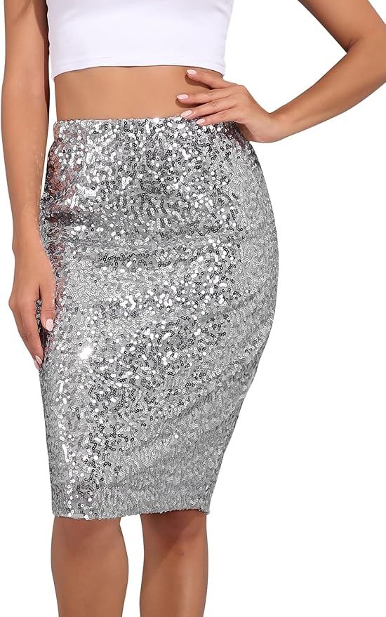 kayamiya Women's Sequin Cocktail Skirt High Waist Stretchy Glitter Bodycon Pencil Skirts | Amazon (US)