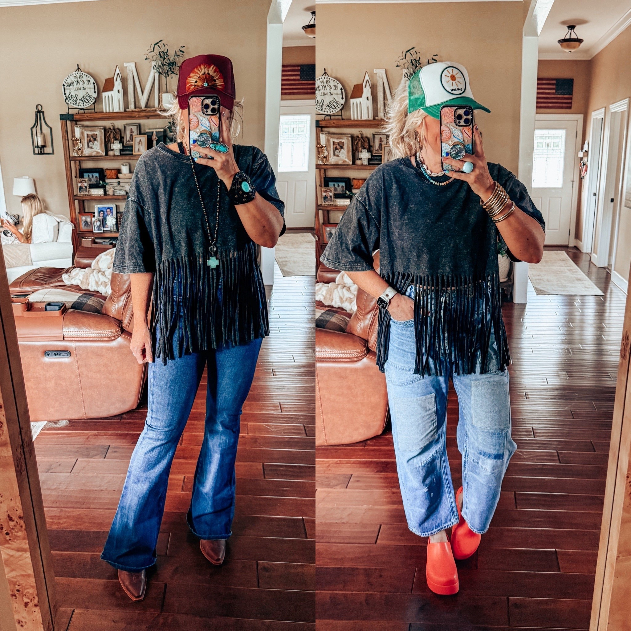 Cut this cut tee into a fringe and love how it turned out! Here’s the cute ways I styled it. 
Tee - men’s large 
Flare jeans - true to size
Tie front baggy jeans - I size down 2 
Boots - true to size 
Crocs - I size down 


#LTKFindsUnder100 #LTKStyleTip #LTKOver40