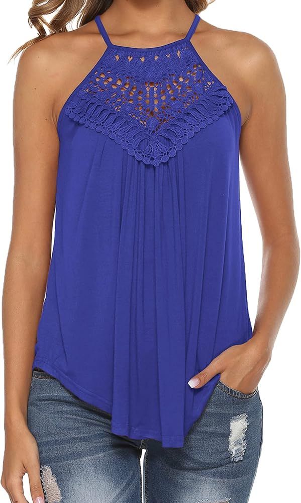 Bluetime Women's Summer Halter Spaghetti Strap Lace Flowy Tank Tops Cami Shirts | Amazon (US)