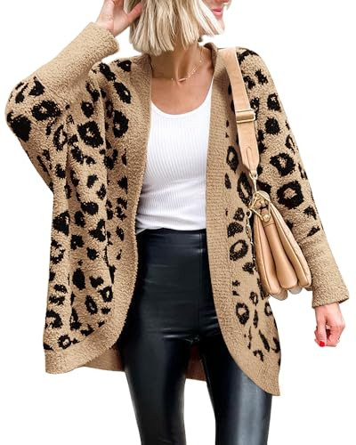 BTFBM Womens Cardigan Sweaters Long Sleeve Open Front Cardigans Fall Fashion Loose Knit Printed Outwear Spring Coats(Leopard Khaki, Large) | Amazon (US)