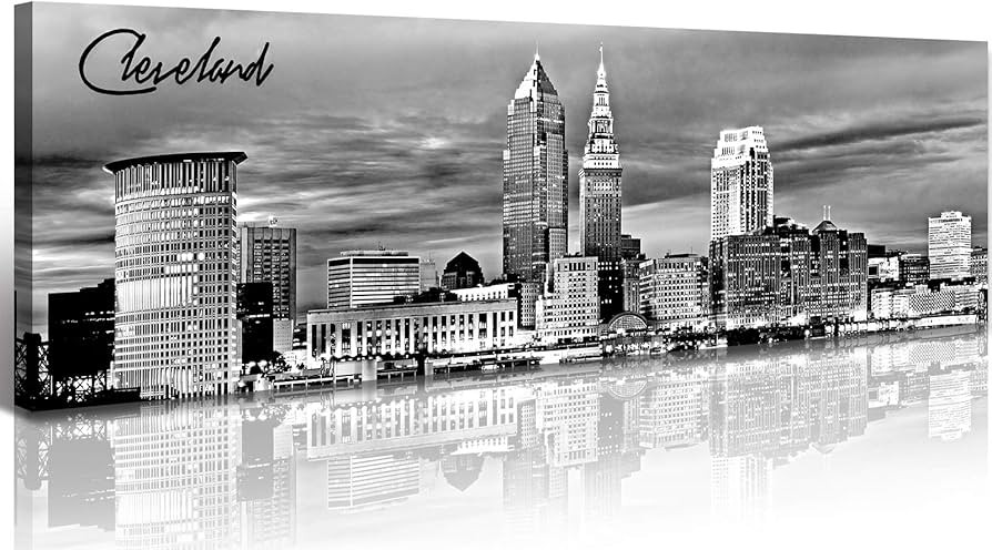 Cleveland Skyline Decor Wall Art Canvas Prints Black and White Night View USA Cityscape Panoramic... | Amazon (US)