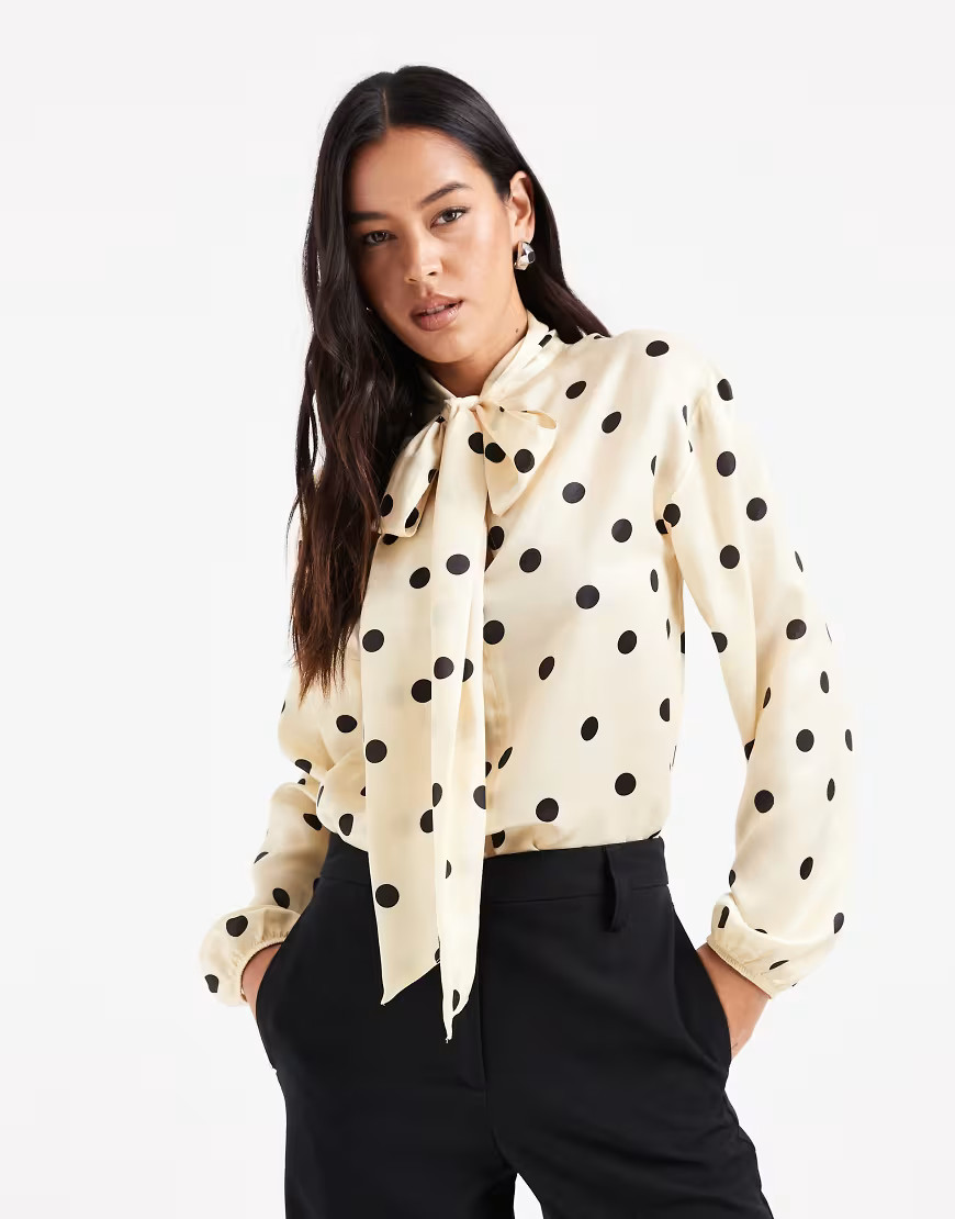 ASOS DESIGN satin scarf detail blouse in polka dot-Multi | ASOS (Global)