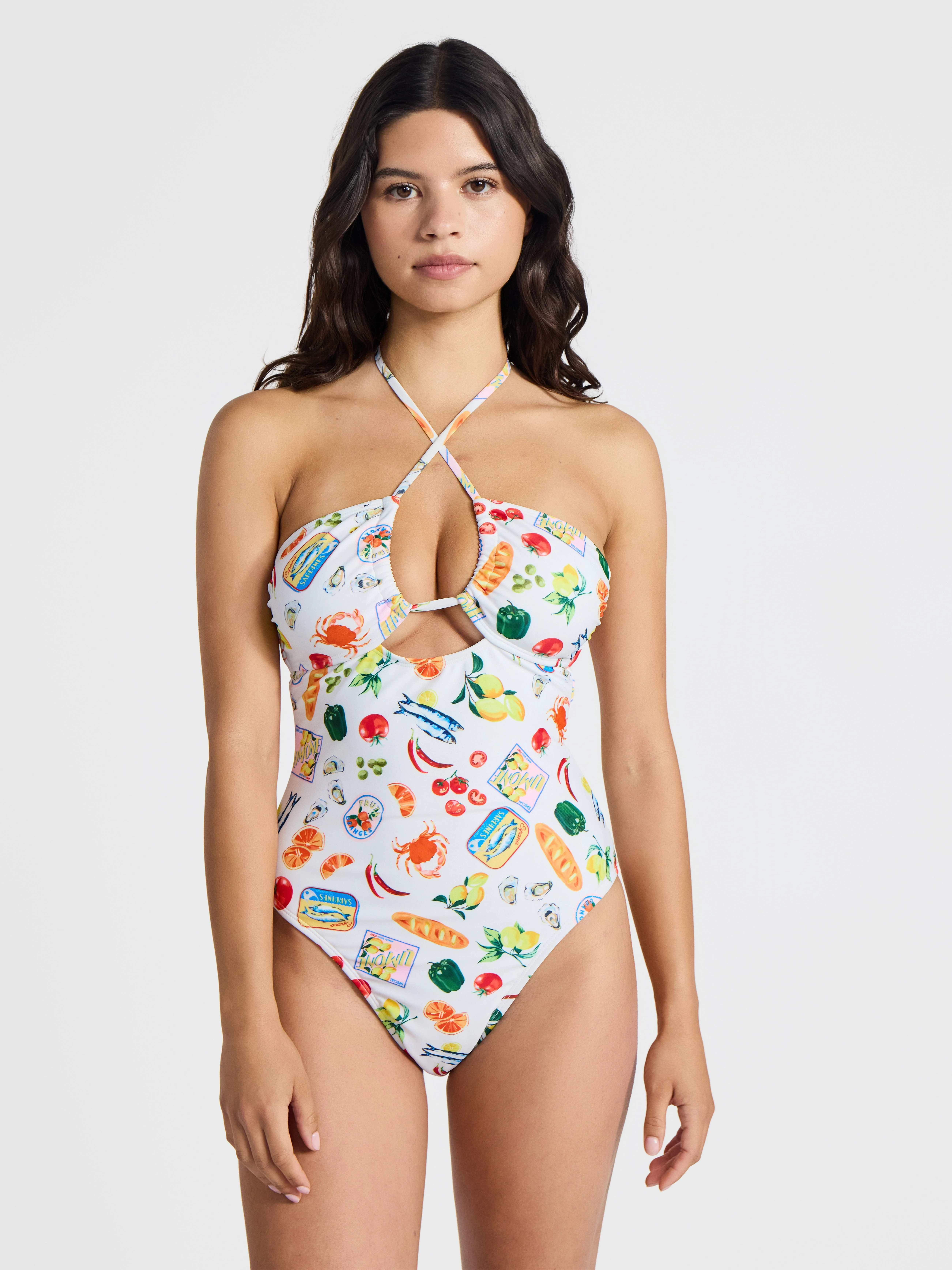 No Boundaries Kitschy Printed Halter One-Piece Swimsuit, Women’s | Walmart (US)