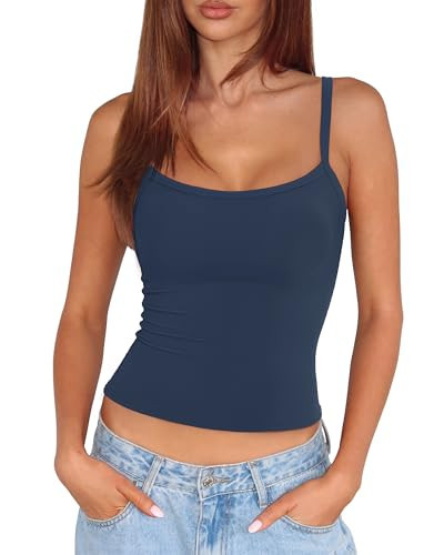 SUUKSESS Women Built in Bra Tank Tops Double Line Going Out Basic Square Neck Camisole Top Summer Sleeveless Shirt Summer Sleeveless Shirt (Navy Blue, XL) | Amazon (US)