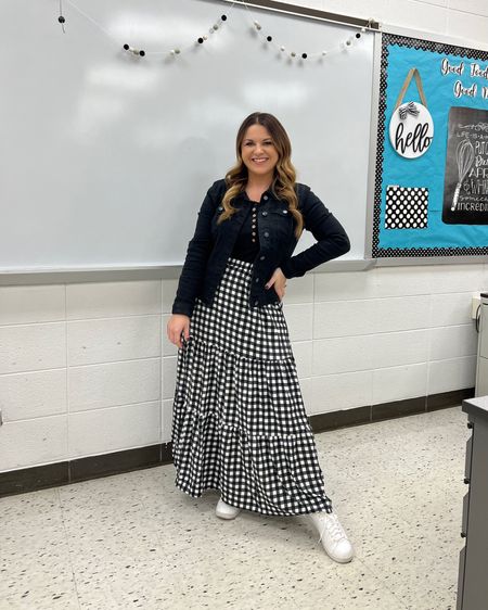 Amazon skirt | Maxi skirt | teacher | classroom style | teacher outfit | Buffalo plaid | Amazon outfit | checkered skirt | black and white outfit | Black denim jacket | Walmart jacket | teacher style 


#LTKstyletip #LTKunder50 #LTKworkwear