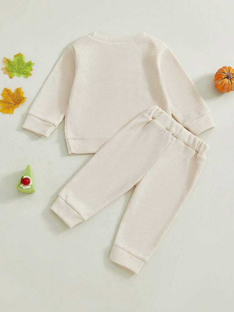Toddler Baby Boy Thanksgiving Outfit Little Turkey Embroidery Waffle Knit Sweatshirt And Pants Set Fall Clothes | SHEIN