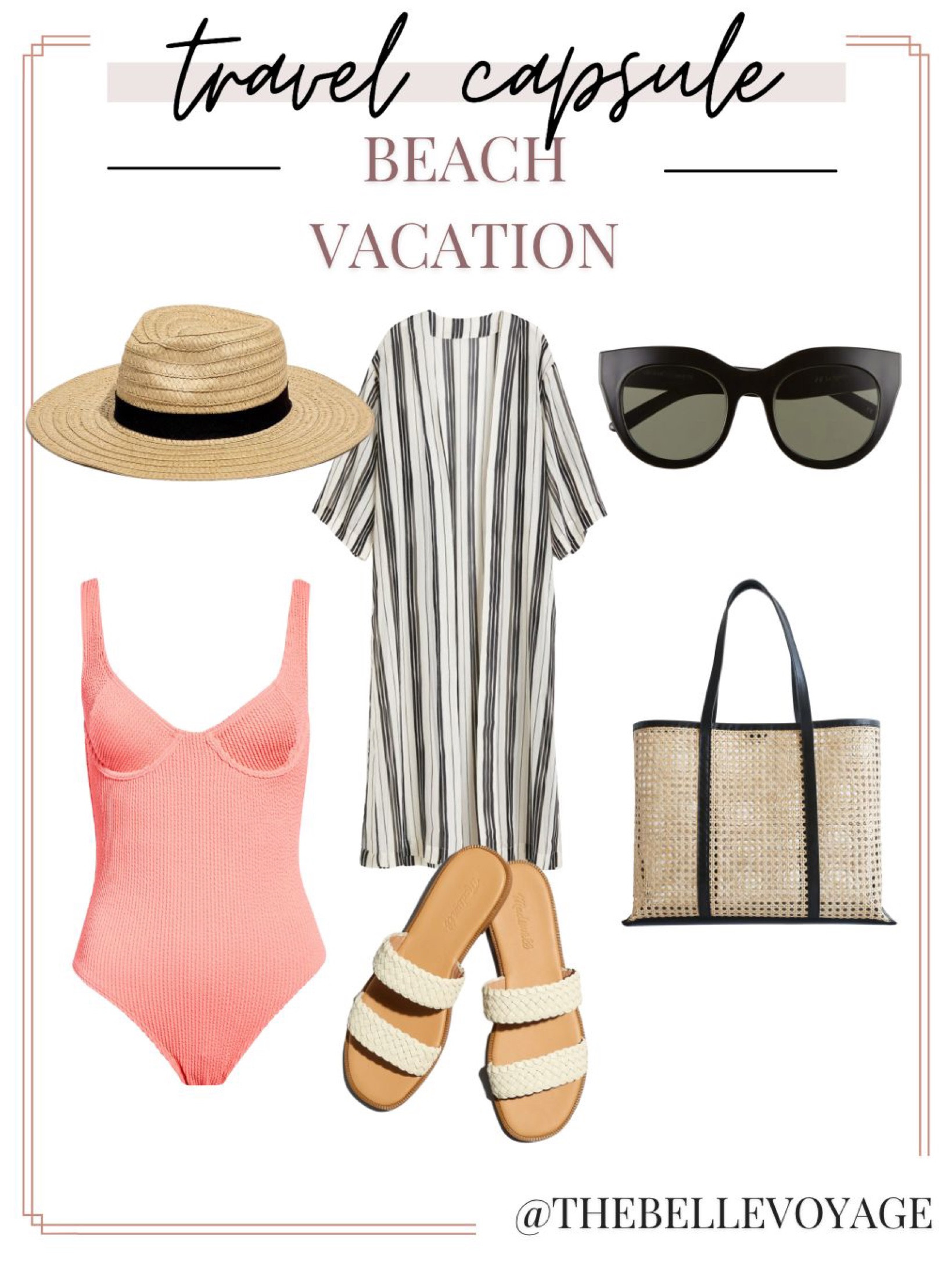 Beach vacation outfit using my new capsule wardrobe, up on the blog today.  Pink one piece swimsuit, swim cover up, raffia tote, sandals and sun hat. 

#LTKtravel #LTKswim #LTKSeasonal