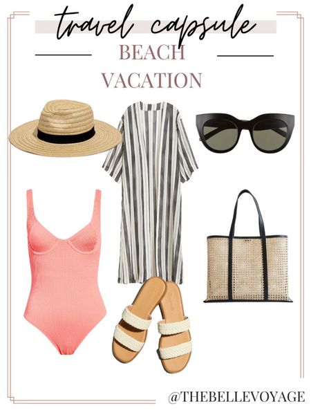 Beach vacation outfit using my new capsule wardrobe, up on the blog today.  Pink one piece swimsuit, swim cover up, raffia tote, sandals and sun hat. 

#LTKtravel #LTKswim #LTKSeasonal