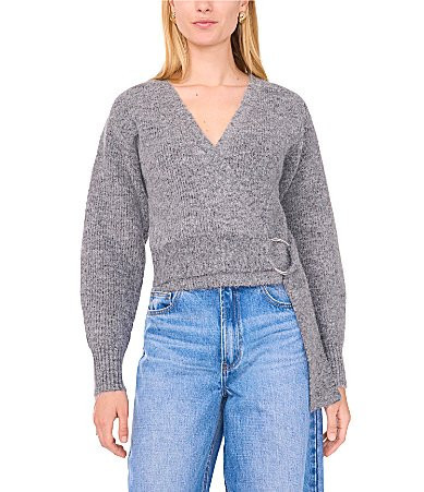 1. STATE Knit V-Neck Long Sleeve Surplice Wrap Belt Sweater - S | Dillard's