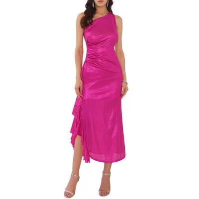 INSPIRE CHIC Women's One Shoulder Sparkly Ruched Ruffle Bodycon Cocktail Maxi Dress Hot Pink XX-Large | Target