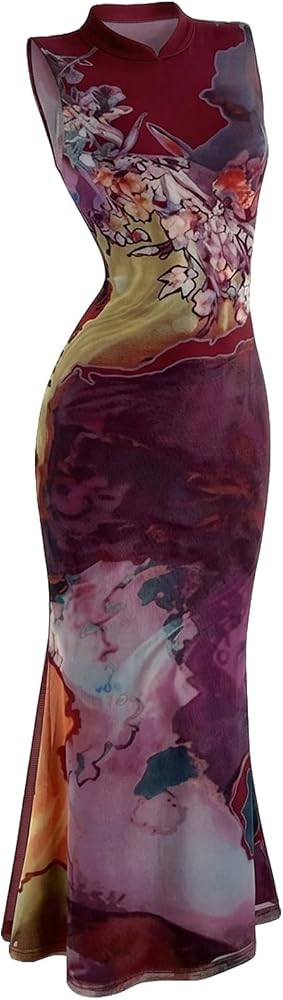 GORGLITTER Women's Cheongsam Dress Mesh Floral Dresses Mandarin Collared Qipao Sleeveless Prom Pa... | Amazon (US)
