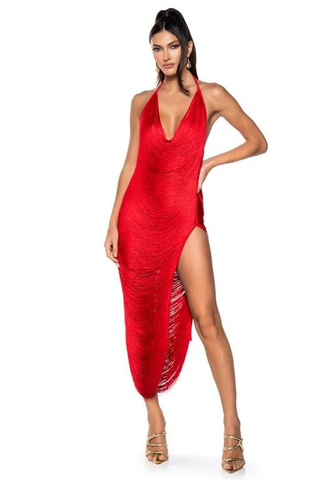 GIANINA FRINGED COWL NECK MAXI DRESS IN RED | AKIRA