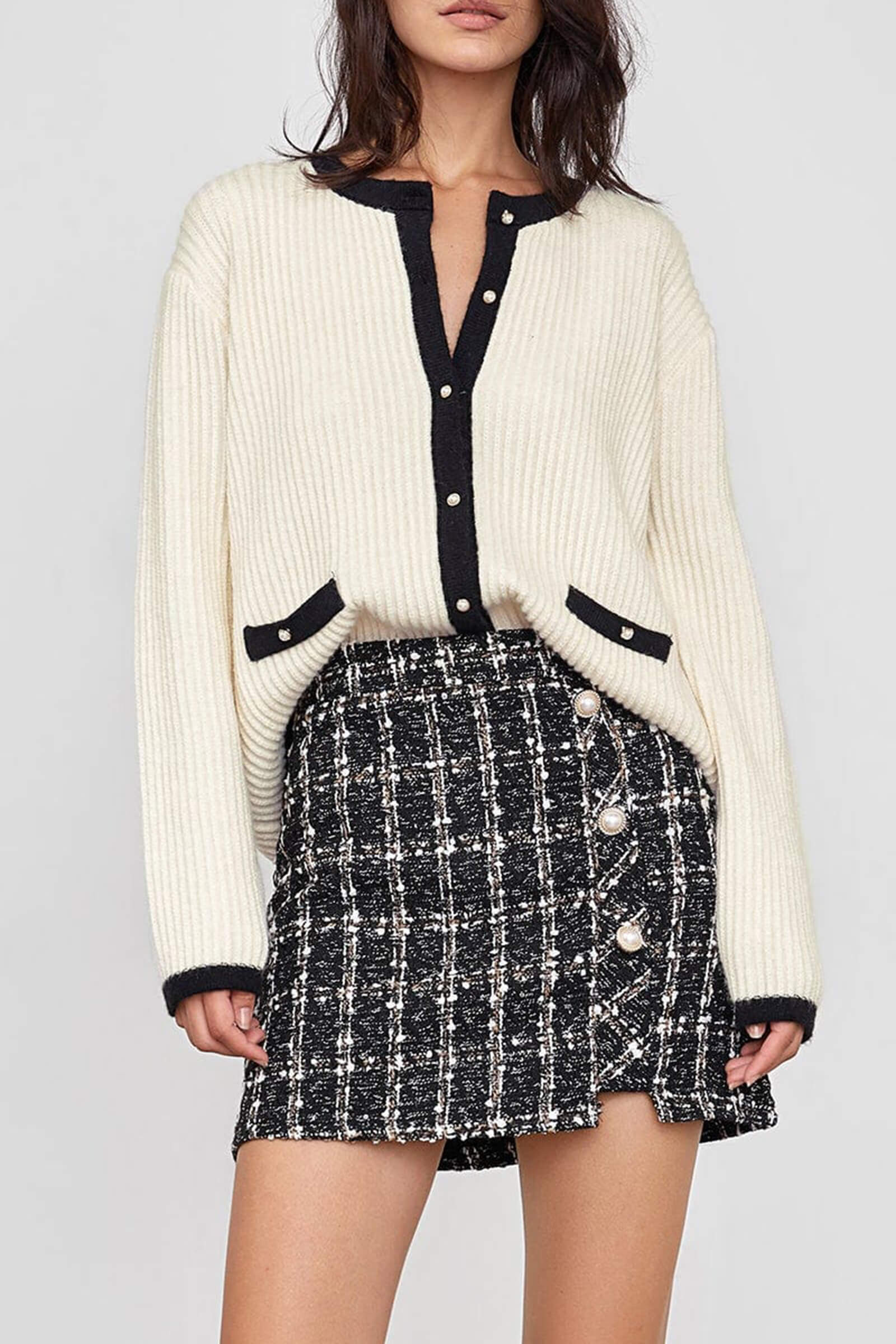 Leigha Beige Contrast knitted Cardigan | J.ING