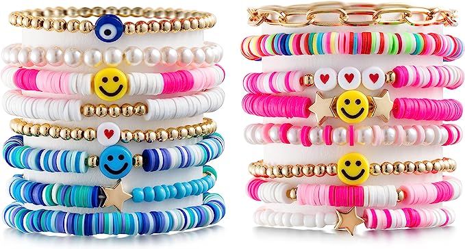 LieToi 16Pcs Preppy Heishi Bracelets Set Colorful Smile Heart Star Evil Eye Beaded Polymer Clay ... | Amazon (US)