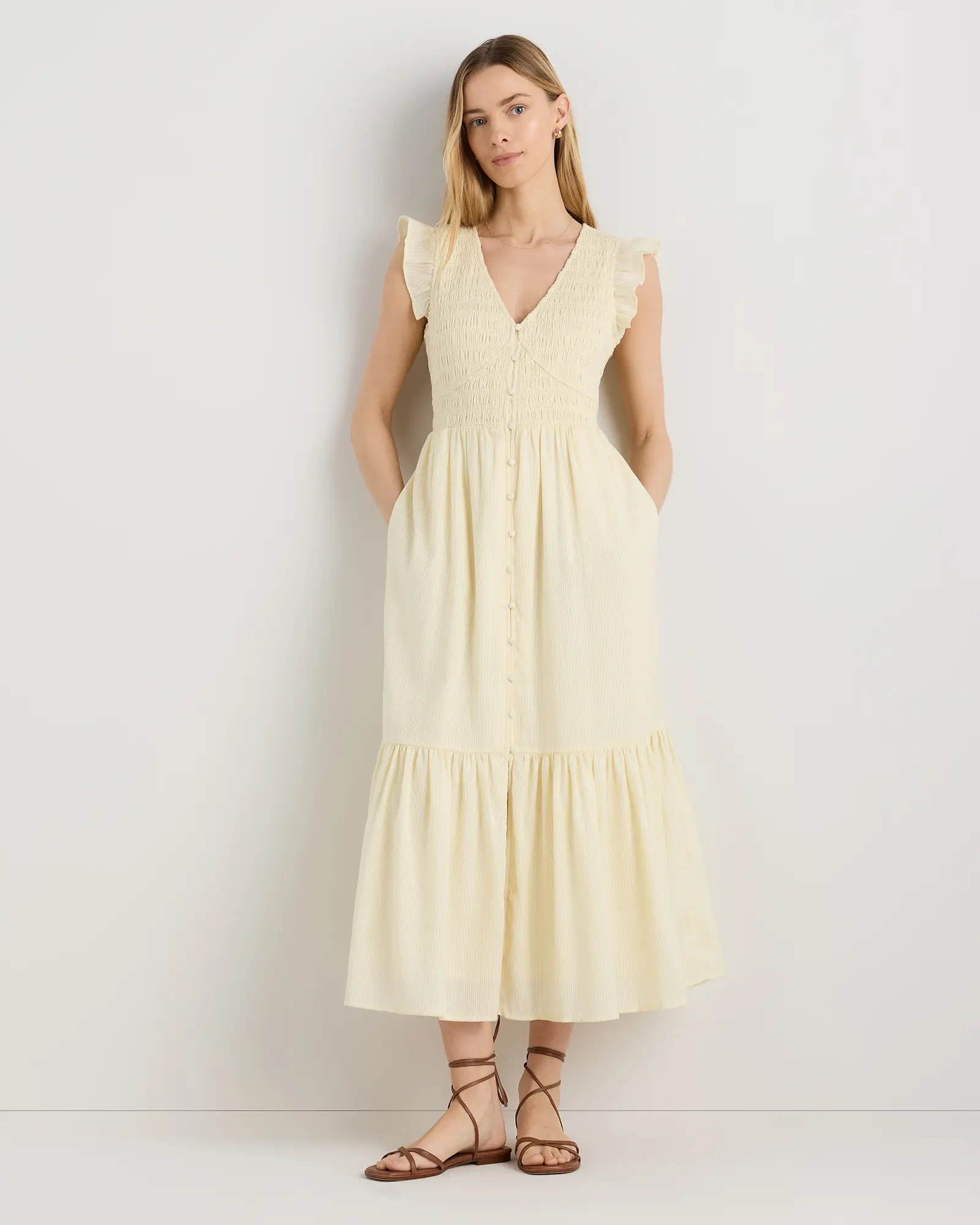 Organic Textured Cotton Smocked V-neck Midi Dress in Pale Custard Yellow | Quince