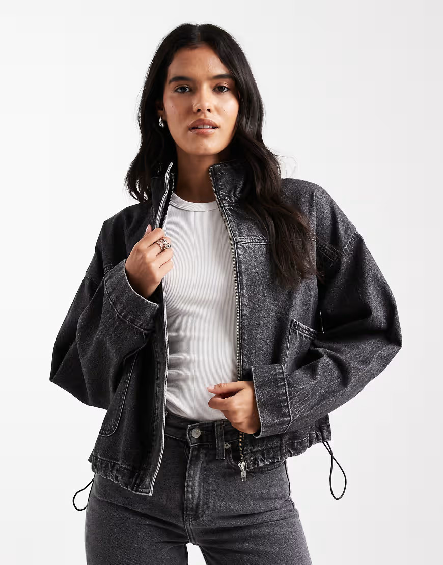 ASOS DESIGN denim funnel neck jacket in gray - part of a set | ASOS (Global)