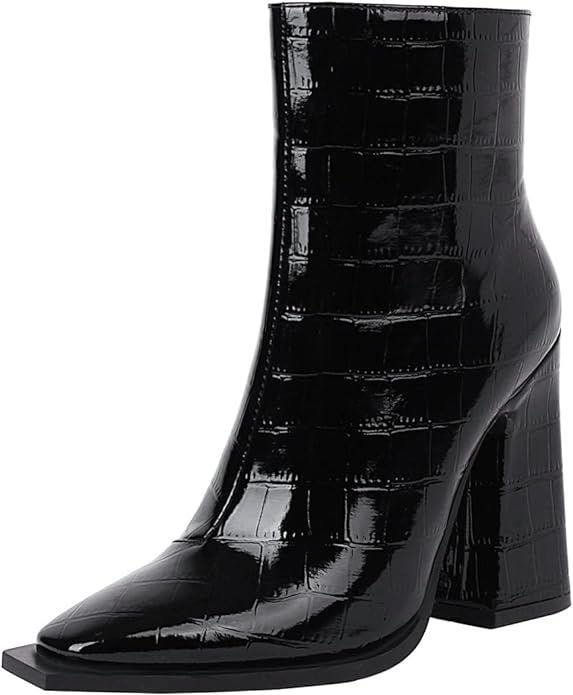 vivianly Women Square-Toe Mid Calf Booties Leather Platform Ankle Length Boots Thick Heels Side Z... | Amazon (US)