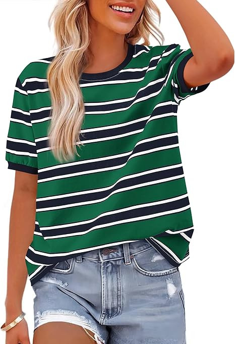 BTFBM Summer Tops for Women 2026 Crewneck Short Sleeve Striped T Shirts Casual Spring Clothes Col... | Amazon (US)