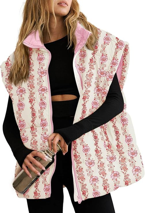 Tankaneo Womens Floral Oversized Puffer Vest Cap Sleeve Winter Warm Puffy Quilted Jackets Coat | Amazon (US)
