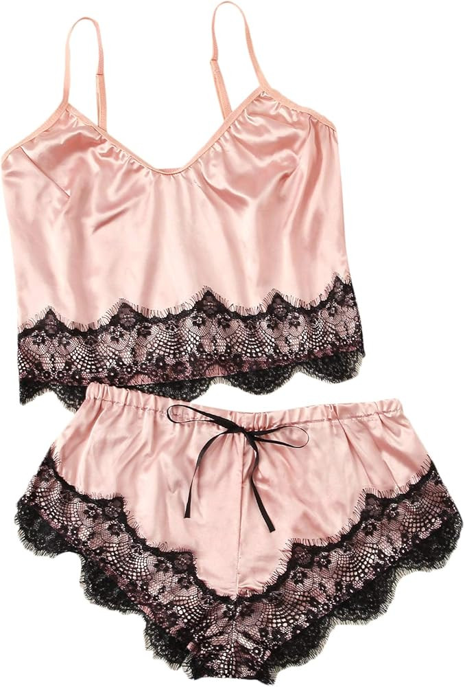 WDIRARA Women's Sleepwear Lace Trim Satin Cami Top and Shorts Elegant Pajama Set | Amazon (US)
