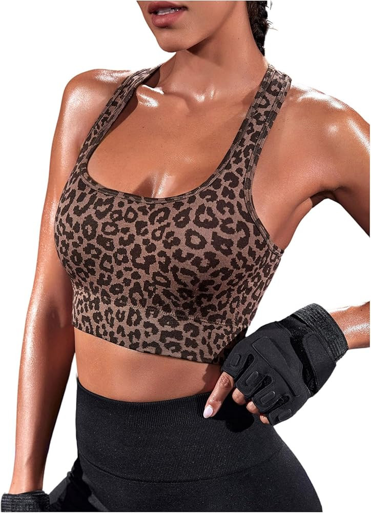 OYOANGLE Sports Bra for Women Leopard Print Wireless Racer Back Athletic Workout Bras Square Neck... | Amazon (US)