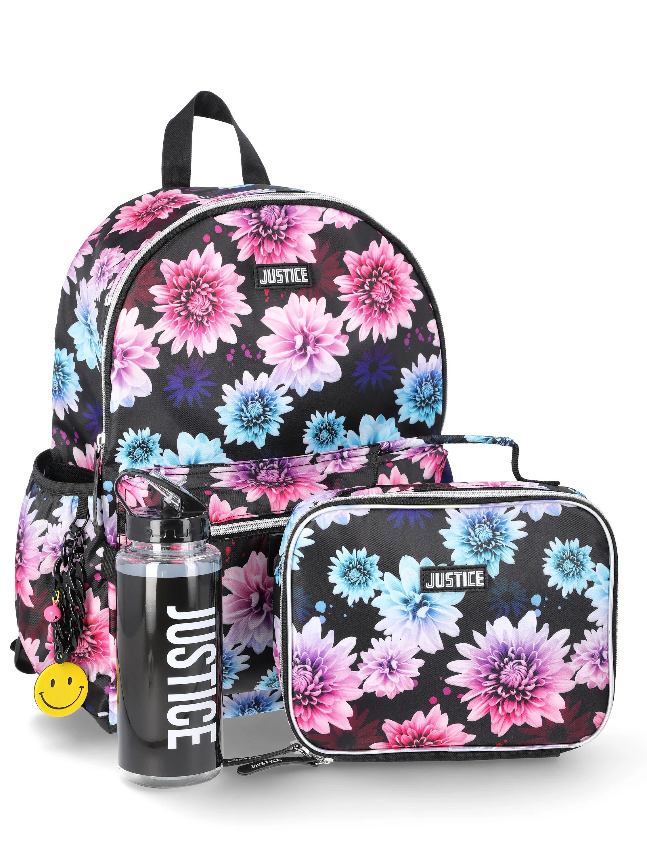 Justice Girls 17" Floral Print Backpack, Lunch Bag, Water Bottle, and Dangle Set, 4-Piece, Black ... | Walmart (US)