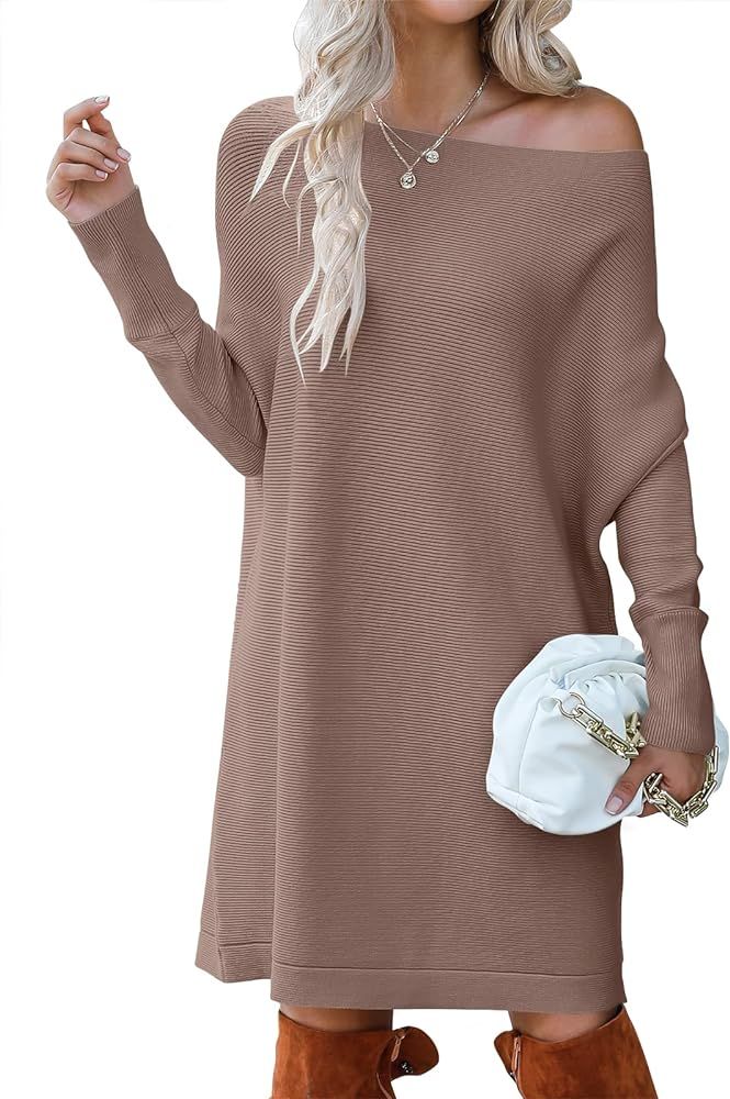 ANRABESS Women's Off Shoulder Boat Neck Long Batwing Sleeve Casual Loose Oversized Pullover Tunic Sw | Amazon (US)