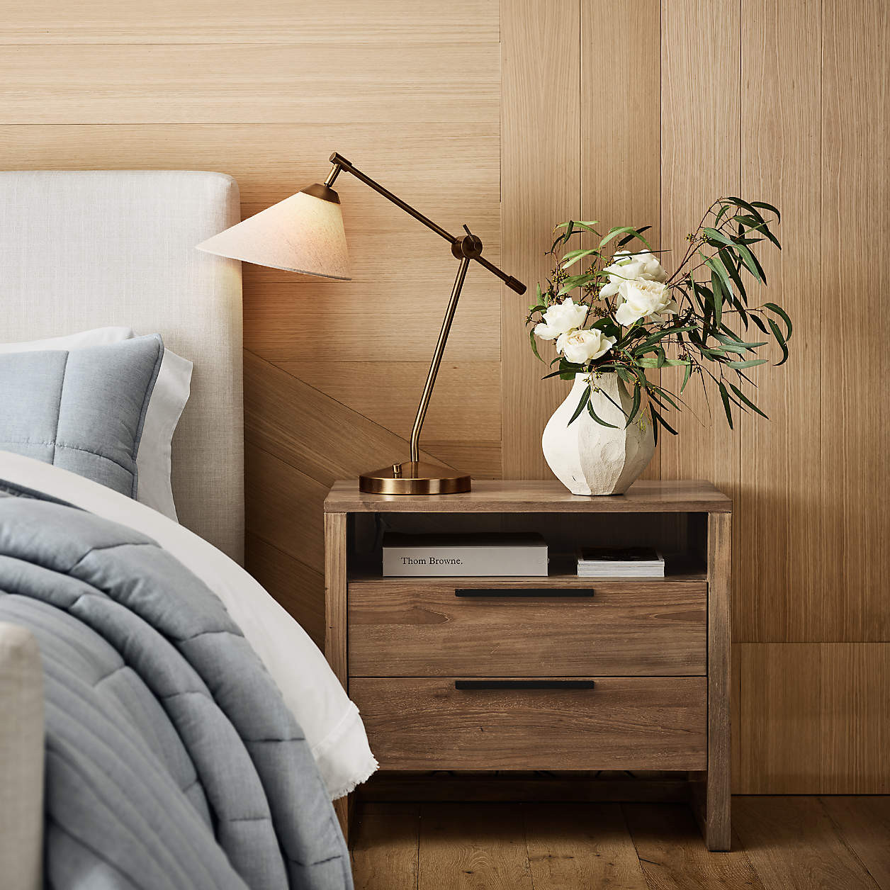 Linea 28" Natural Teak Wood Charging Nightstand + Reviews | Crate & Barrel | Crate & Barrel