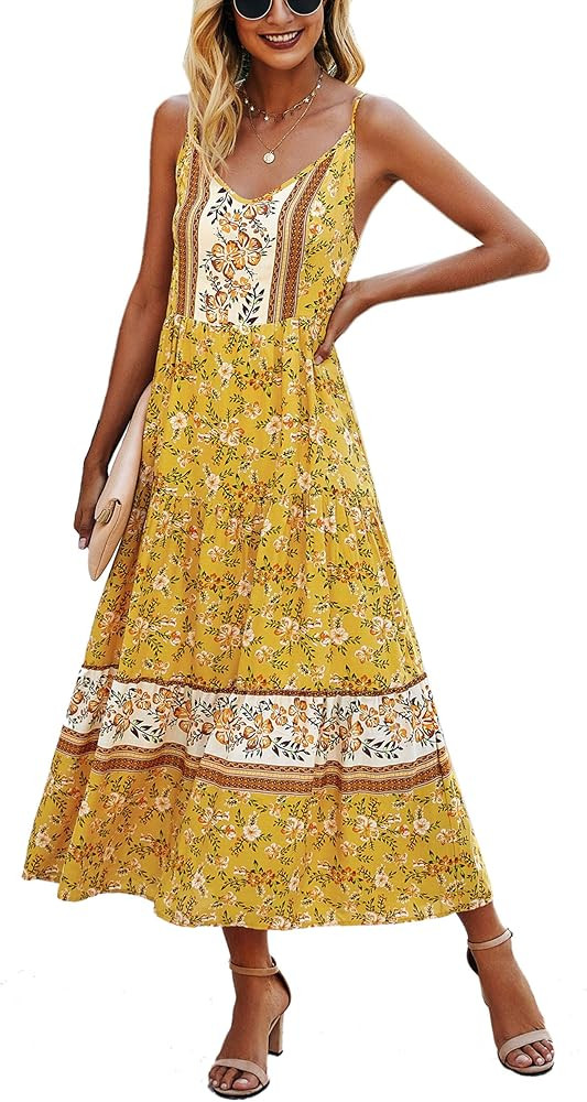 Angashion Women's Dresses Floral Adjustable Spaghetti Strap V Neck Boho Long Maxi Dress Summer Be... | Amazon (US)