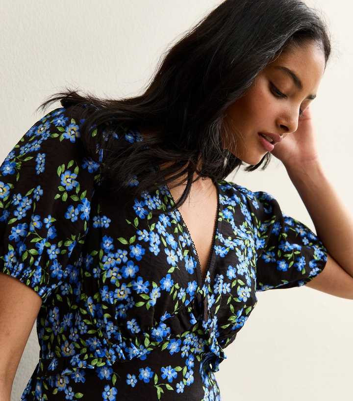 Black Floral Print Short Sleeve Tea Midi Dress | New Look | New Look (UK)