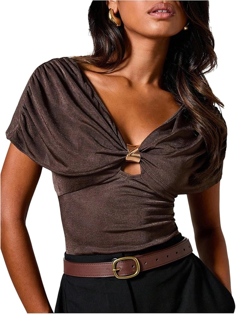 SOLY HUX Women's V Neck Short Sleeve Blouse Cutout Slim Fit Top Going Out Shirts Date Outfit | Amazon (US)