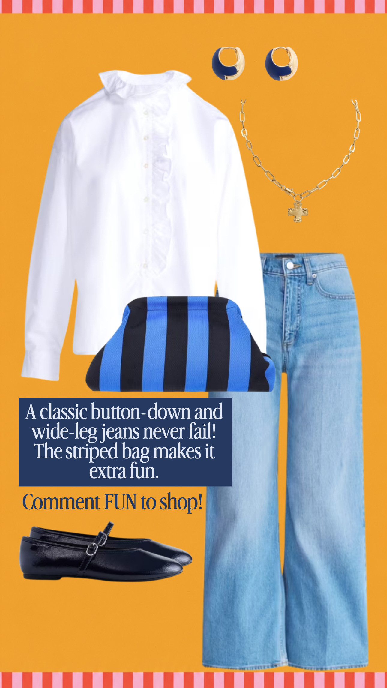 A classic button-down and wide-leg jeans never fail! The striped bag makes it extra fun.

#LTKootd #LTKmomlife #LTKgrwm