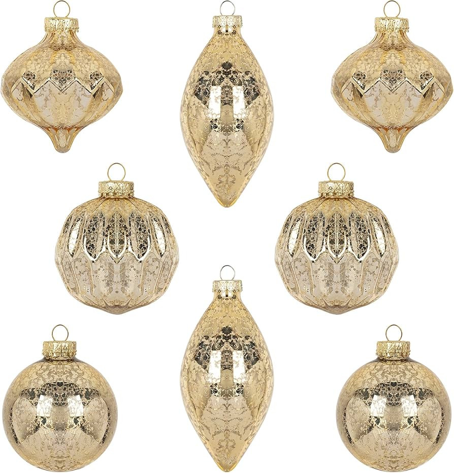 KI Store Mercury Glass Christmas Ornaments Set of 8 Champagne Gold Hanging Christmas Balls Finial... | Amazon (US)