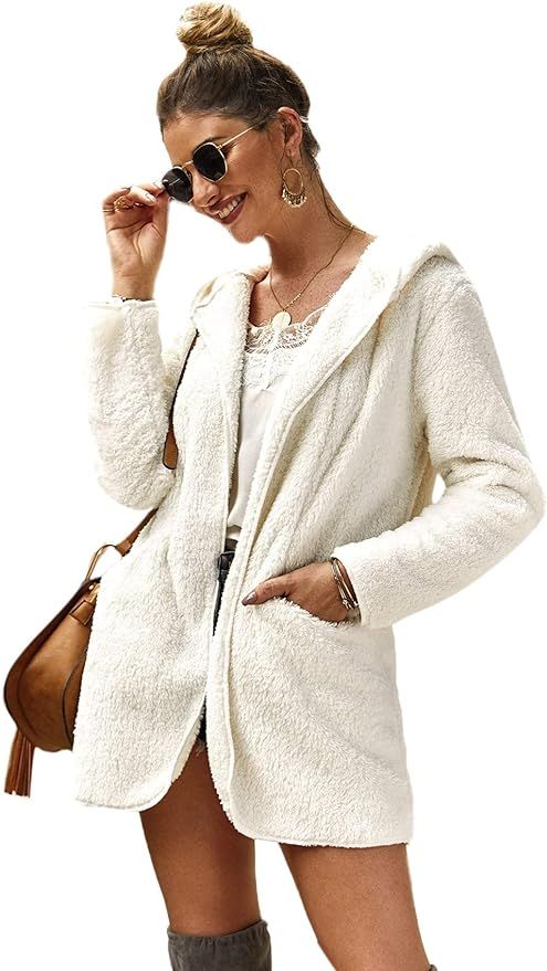 SheIn Women's Fauxs Fur Hooded Teddy Coat Long Sleeve Jacket Outwear | Amazon (US)