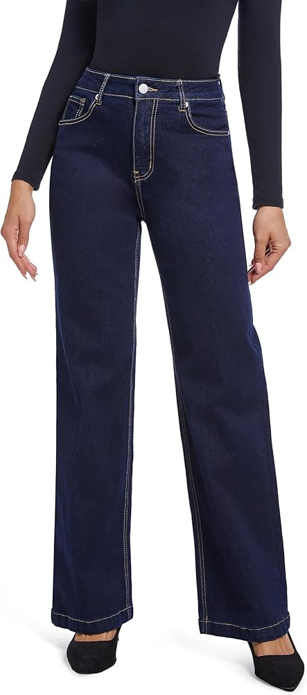 ETTELO Women's Jeans Straight Leg Casual High Waisted Stretch Trendy Black Pull On Jeans for Wome... | Amazon (US)