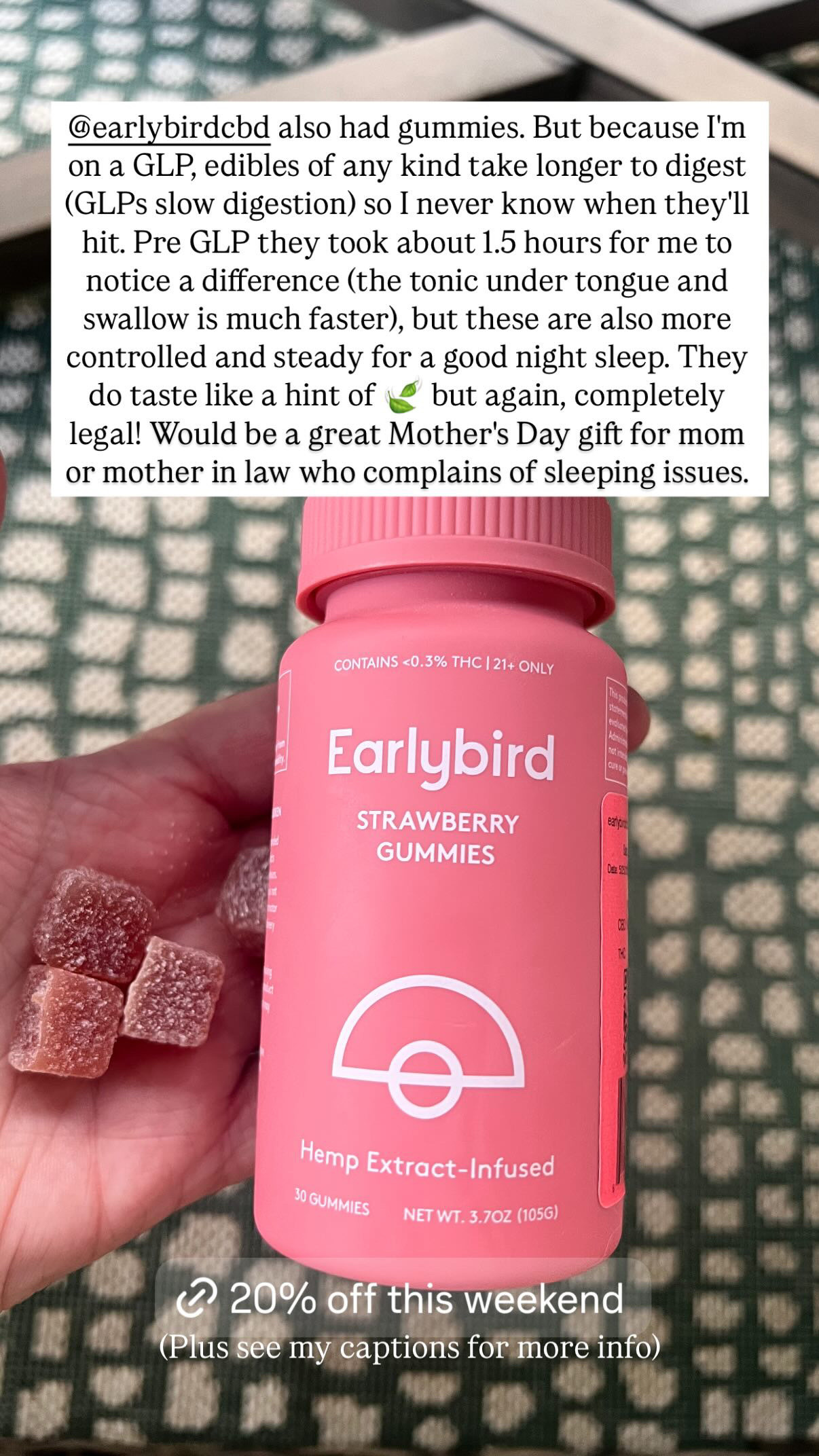 Early Bird also has gummies. I don’t use these as much anymore since being on a GLP1 I never know when it will start to work. Prior to taking a GLP1 it would hit me after about 1.5 hours. This is a great option for a more steady and controlled release for sleep. Would be a great Mother’s Day gift for a mom or MIL who complains about trouble sleeping. 

#LTKSaleAlert #LTKGiftGuide
