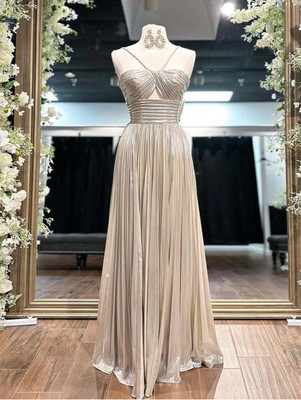 Metallic Keyhole Spaghetti Rhinestone Strap Long Pleated Prom Dress with Slit | eBay | eBay US