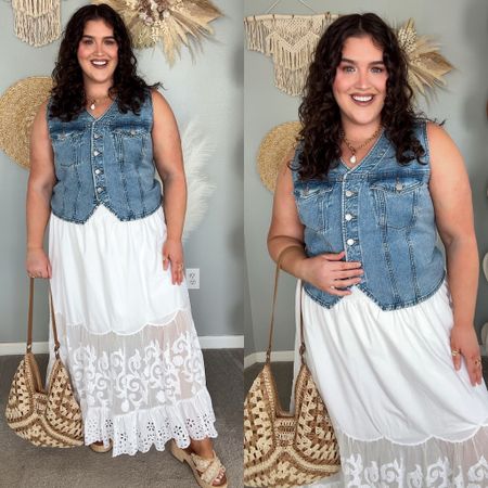 Coastal cowgirl 🐚🤠🌊 Denim vest + white lace maxi skirt both size XL 
Fragrance: Coach floral blush perfume 

#LTKPlusSize #LTKSeasonal #LTKStyleTip