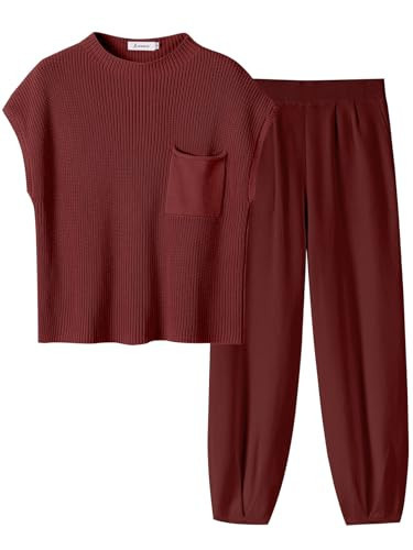 ANRABESS Women's Two Piece Outfits Knit Sweater Vest Crop Top Pants Lounge Matching Tracksuit Sweatsuit Travel Clothes Sets Maroon Red XX-Large | Amazon (US)