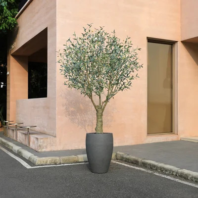 8ft UV Resistant Artificial Olive Tree with Grey Tall Planter, Faux Olive Tree Outdoor Decor | Wayfair North America