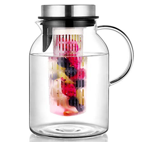 Glass Fruit Infuser Water Pitcher with Removable Lid, High Heat Resistance Infusion Pitcher for Hot/Cold Water, Flavor-Infused Beverage & Iced Tea - 2 Qt | Amazon (US)