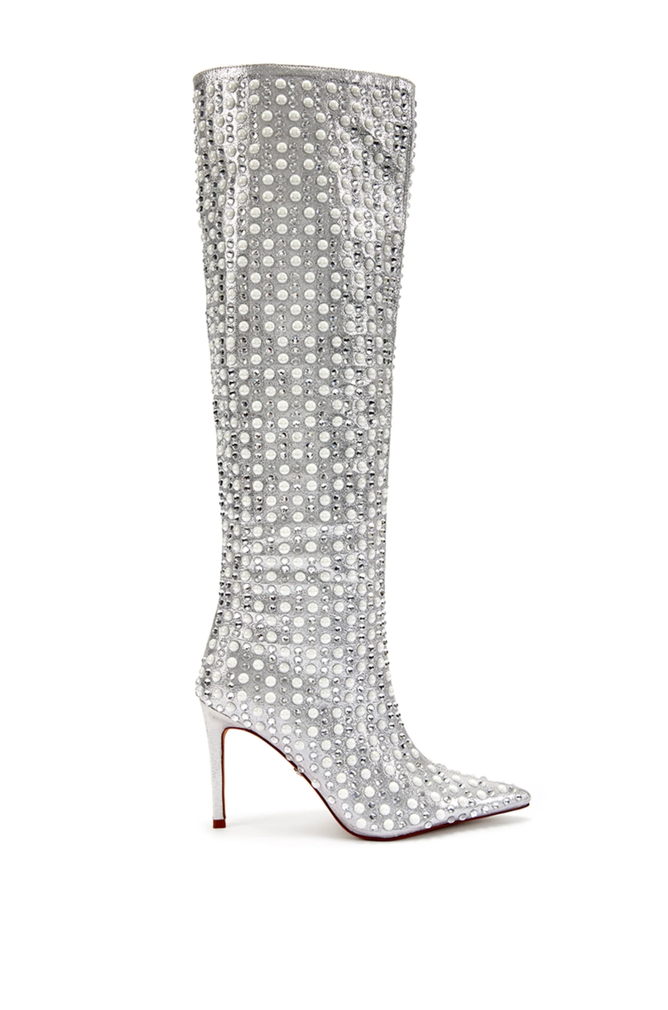 LYNLEE-SILVER PEARL KNEE-HIGH STILETTO BOOT | Azalea Wang