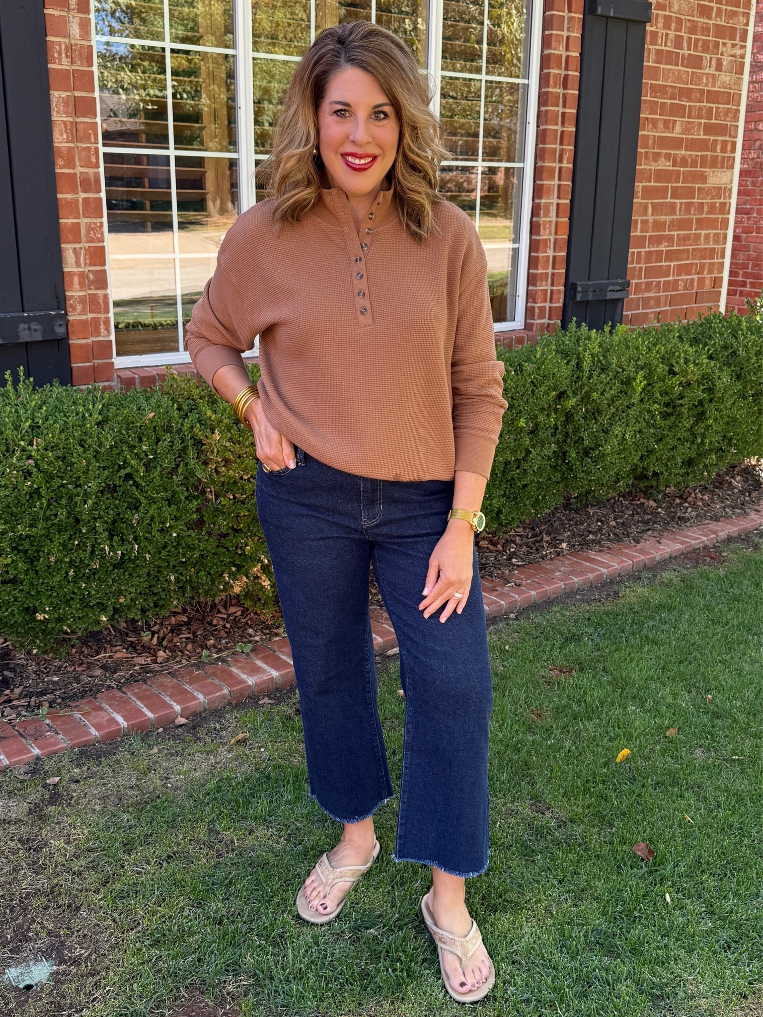 Fantastic $15 waffle knit top, $14 elastic back jeans so comfy! I cut the hem for ankle length.