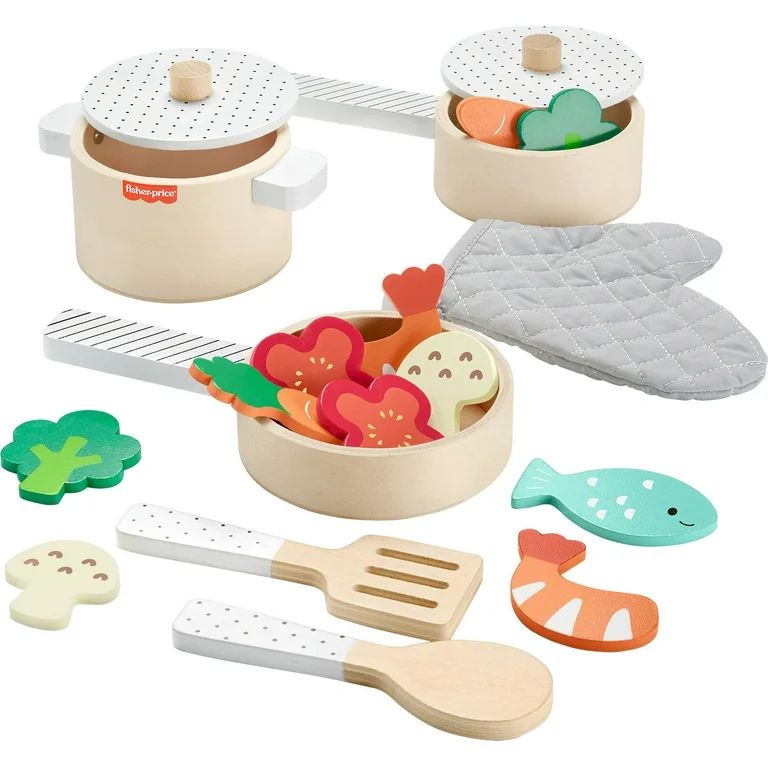 Fisher-Price Wooden Kitchen Pots & Pans Set, 19 Wood Pieces for Preschool Pretend Play, Ages 3+ Y... | Walmart (US)