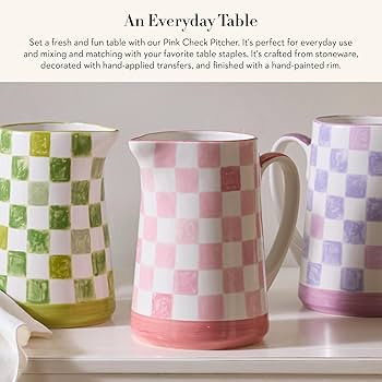 MACKENZIE-CHILDS Stoneware Pitcher with Spout, Decorative Drink Pitcher, 1.75 Quarts, Pink Check | Amazon (US)