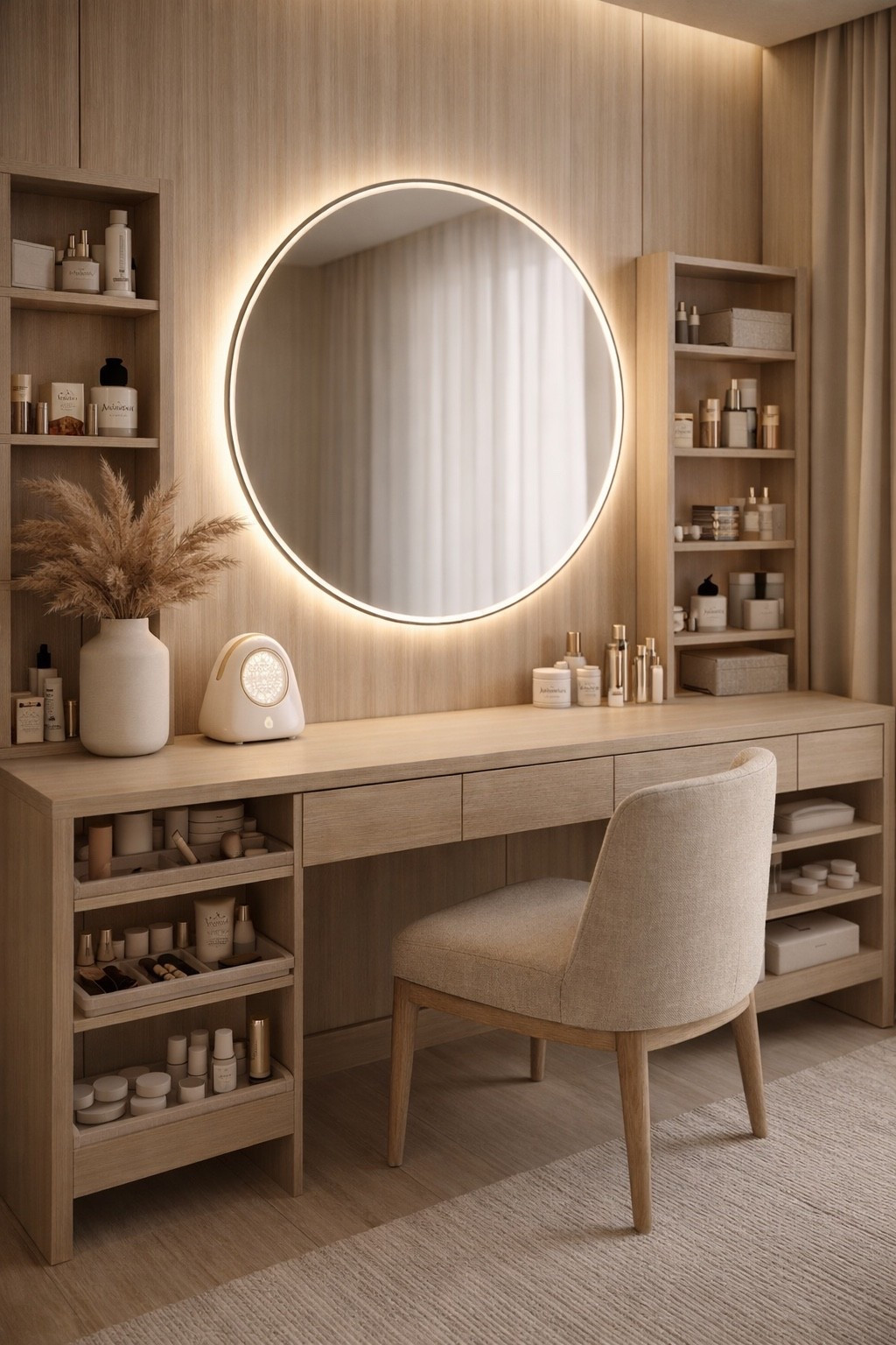 Warm minimalist vanity table design with natural wood shelves, a round LED mirror, and neutral decor. This modern makeup vanity setup blends Scandinavian and contemporary interior style with soft beige tones, built-in storage, and clean aesthetic beauty organization. Perfect inspiration for a luxury makeup corner, beauty room, or modern bedroom vanity.

#vanitytable #makeupvanity #minimalistdecor #neutralinterior #beautyroom #scandinavianinterior #makeupstorage #homedecorideas #ltkhome #pinteresthome #modernvanity #roundmirror #beautysetup #interiordesign #neutralhome